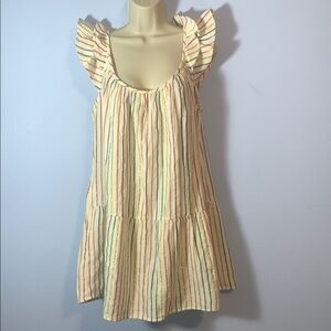 Gap size MP Rainbow metallic Striped Ruffle flutter Sleeve mini Dress new cream
